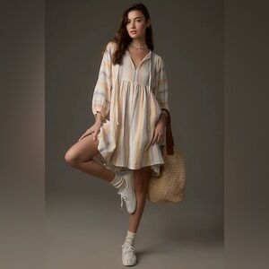 Anthropologie Sundry Stripe Babydoll Dress Cotton Boho Tunic Mini Size L